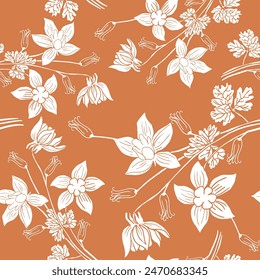 Hand drawn white Aquilegia flower. Continuous line on a transparent line art on orange background.