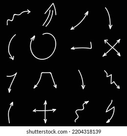 Hand Drawn White Arrow Set . Vector Illustration Isolated On Black Background