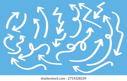 Flecha blanca dibujada a mano fijada en el fondo azul, flechas curvas de la dirección, iconos del vector del estilo del garabato