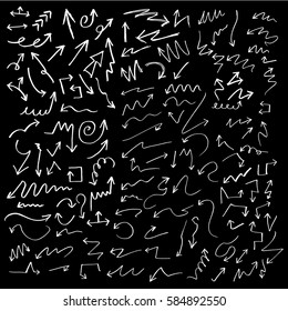 Hand drawn white arrow set collection of black direction pencil sketch symbols, vector illustration graphic design