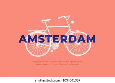Hand drawn white Bicycle with inscription Amsterdam. Most common transport in Amsterdam. Can be used for postcards and tourist booklets. Vector illustration.