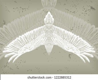 Hand drawn white bird on the grey background. Symbol of freedom. Flying dove. horizontal banner. China style.