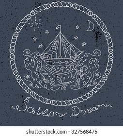 Hand drawn white boat in blue sea waves illustration. Doodle sketch ship print for nursery or hipster wall art.