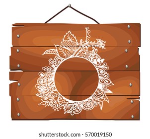 Hand drawn white border on wooden plank background. Vector illustration. 