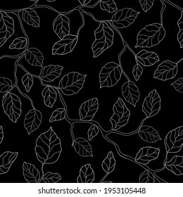 Hand drawn white branches and leaves on a black background. Seamless floral doodle summer pattern. Suitable for textile, wallpaper.