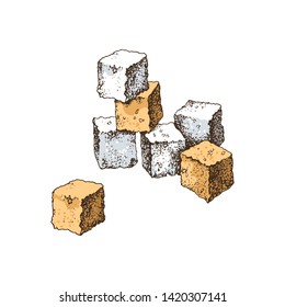 Hand Drawn White And Brown Sugar Cubes Isolated On White Background. Vector Illustration