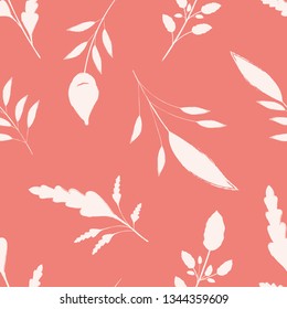 Hand drawn white brush stroke leaves on coral pink background. Seamless vector pattern with a calm spacious feel. Great for wellbeing, organic, beauty, spa products, fabric, giftwrap, packaging