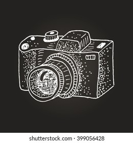 Hand drawn white camera on a dark background. Sketch style