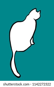 Hand drawn white cat sitting. Animal vector outline sketch illustration with a pet kitty. Isolated over teal.