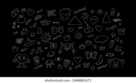 Hand drawn white chalk kid doodle elements set. Apple, cat, crown, butterfly, cherry, triangle scribble drawing icons. Vector illustration on black