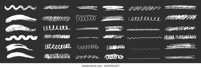 Hand drawn white chalk pencil crayon stroke smears textured lines. Highlight grunge doodles childish elements isolated on white background. Underline scrapbook decoration set.
