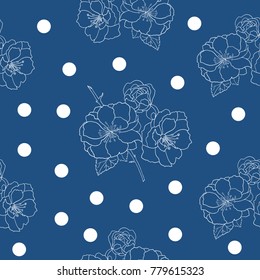 Hand drawn white cherry blossoms flower seamless pattern on dark navy background