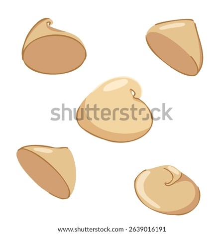 Hand drawn white chocolate chips set. Vector sweet dropping elements with soft glossy look. For packaging, dessert graphics, baking designs, menu decoration, promo visuals