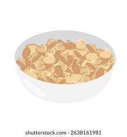 Hand drawn white chocolate drops inside a bowl. Vector cartoon sweet composition. For food packaging, bakery designs, recipe icons, menu layout, promo visuals