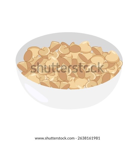 Hand drawn white chocolate drops inside a bowl. Vector cartoon sweet composition. For food packaging, bakery designs, recipe icons, menu layout, promo visuals