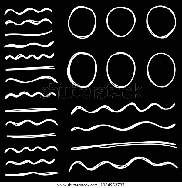 Hand Drawn White Circle And Underline Set\
Collection On Black Background\
Vector