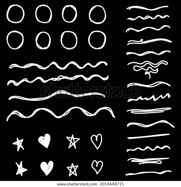 Hand Drawn White Circle , Underline , Star And\
Heart On Black Background Set\
Vector
