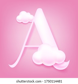 Hand drawn white cloud 3D English letter A vector illustration, pink background, text, uppercase characters, natural background, pink element for Valentine's Day
