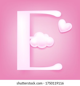 Hand drawn white cloud 3D English letter E vector illustration, pink background, text, uppercase characters, natural background, Valentine pink element