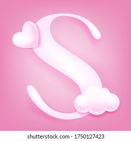 Hand drawn white cloud 3D English letter S vector illustration, pink background, text, uppercase characters, natural background, Valentine's Day,
