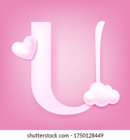 Hand drawn white cloud 3D English letter U vector illustration, pink background, text, uppercase characters, natural background, Valentine's Day,