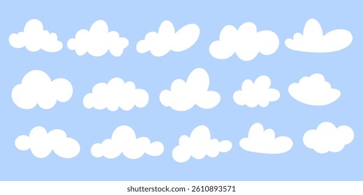 Hand drawn white cloud isolated on blue background. Simple white clouds in blue sky. 
