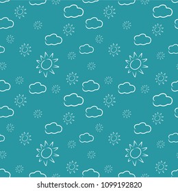 Hand drawn white clouds and sun seamless pattern on green background