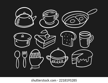 Hand drawn white color breakfast food and kitchen tools icons set. Outline vector illustration isolate on black chalkboard design for poster, menu and food market.