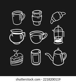 Hand drawn white color outline coffee elements isolated on a chalkboard. Vector art illustration design for poster, cafe menu and restaurant.
