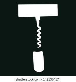 Hand drawn white corkscrew illustration on black background. Wine cork screw, bottle opener equipment. Design element isolated on white background. Vector illustration.