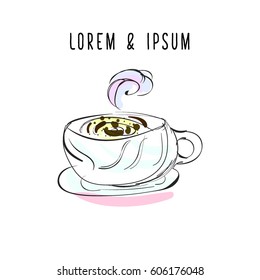 Hand drawn white cup of cappuccino with cinnamon. Logotype template. Vector Illustration