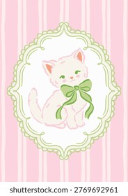 Hand drawn white cute cat with green ribbon bow in scalloped lace frame on pink striped background. Vintage design for baby showers, nursery wall art, or feminine greeting cards.