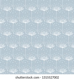 Hand drawn white dandelions on light blue background. White and blue vector repeat seamless pattern. Endless texture for digital paper, fabric, backdrops, wrapping.