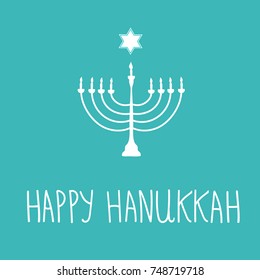 Hand Drawn White David Star Menorah Candle Holder Silhouette on Blue Background. Happy Hanukkah Hand Lettering Jewish Holiday Greeting Card Poster Invitation Template