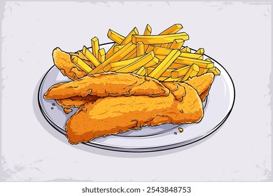 Plato de cena blanco dibujado a mano con papas fritas fritas doradas crujientes y pepitas de pollo fritas aisladas