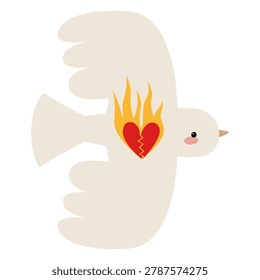 Hand drawn white dove with burning broken heart flame isolated cartoon illustration for Remembrance and Reconciliation Day rebirth and antiwar concepts
