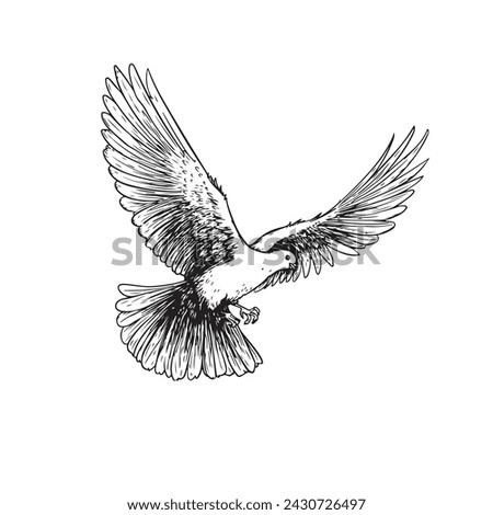 Hand drawn white dove. Flying bird in sketch pen and ink style. Peace and love symbol. Vector illustration.