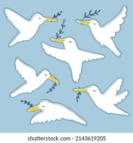 Hand drawn white doves stickers collection. Symbols of peace beautiful set. Doodle vector illustration for decor and design.