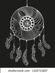 Hand drawn white dreamcatcher on black background. Zentangle. Feathers. Abstract mystic symbol. Zen art. Design for spiritual relaxation for adults. Line art creation