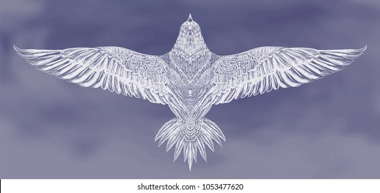 Hand drawn white eagle on the cloudy sky.vector for t shirt printing and embroidery, Graphic tee and printed tee
