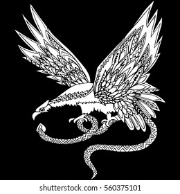 Hand drawn white eagle with snake isolated on black background. Vector