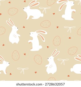 Hand drawn white Easter bunny , red hearts and eggs, seamless pattern. Vector Easter illustration with cute animals.
