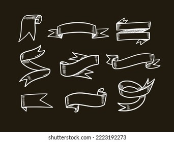Hand drawn white elements and ribbons set on chalk board design. Vector illustration.
