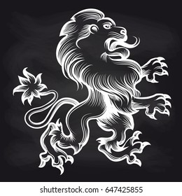 Hand drawn white engraving royal lion on blackboard background. Vector illustration