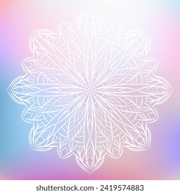 Hand drawn white floral ornamental mandala with patterns, curls, flowers, leaves. Beautiful vintage colorful ethnic ornament. Vector outline illustration on pastel multi color gradient background
