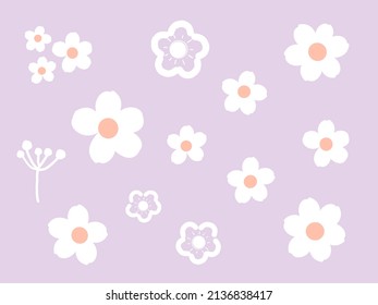 Hand drawn white flower icon set on purple background vector illustration. Cute floral wall art decoration.