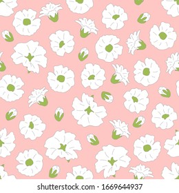 Hand drawn white flower seamless pattern background with buds. Doodle baby's breath, Gypsophila flower background. Great for wallpaper, textile, fabric, card, packaging, wedding.  