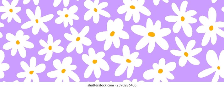 Hand drawn white flower seamless pattern. Floral repeating wallpaper for textile design, fabric, print, wrapping paper. Cute daisy flowers on purple background. Vector repeated cute ditsy texture