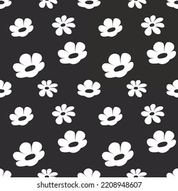 Handgezeichnete weiße Blumen Muster auf Schwarz. Schwarz-Weiß-Muster. Nahtlose Mustervektor.