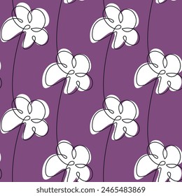 Hand drawn white flowers. Vector seamless pattern. Abstract floral illustration. Outline botanical backdrop. Line continuous drawing, violet wallpaper, cartoon background, fabric, textile, print.